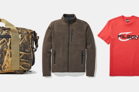 A Filson x Mossy Oak collab duffel bag, fleece jacket and graphic T-shirt