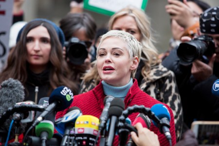 Actress Rose McGowan, who accused Weinstein of raping her and destroying her career, joins other accusers and protesters and speaks speech to the press as Harvey Weinstein arrived at the Manhattan courthouse on January 6, 2020 in New York City.(Photo by Pablo Monsalve/VIEWpress via Getty Images)