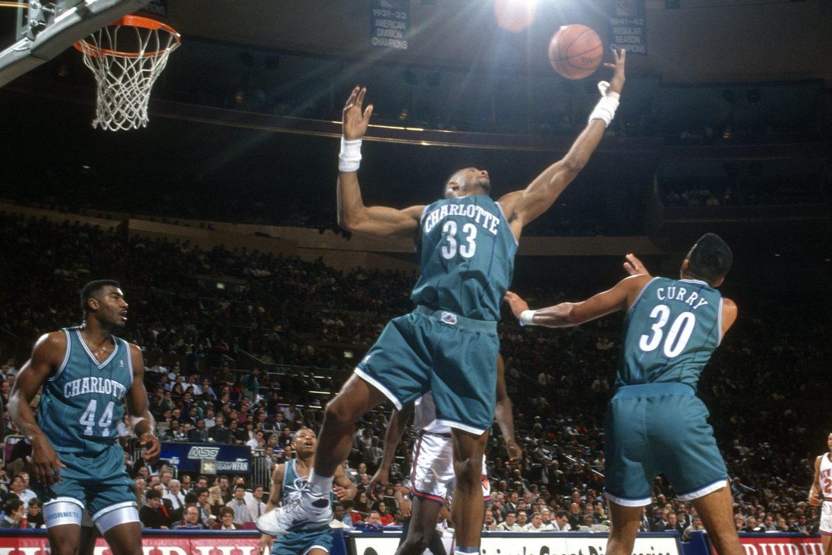 Alonzo Mourning of the Charlotte Hornets grabs a rebound in 1992.