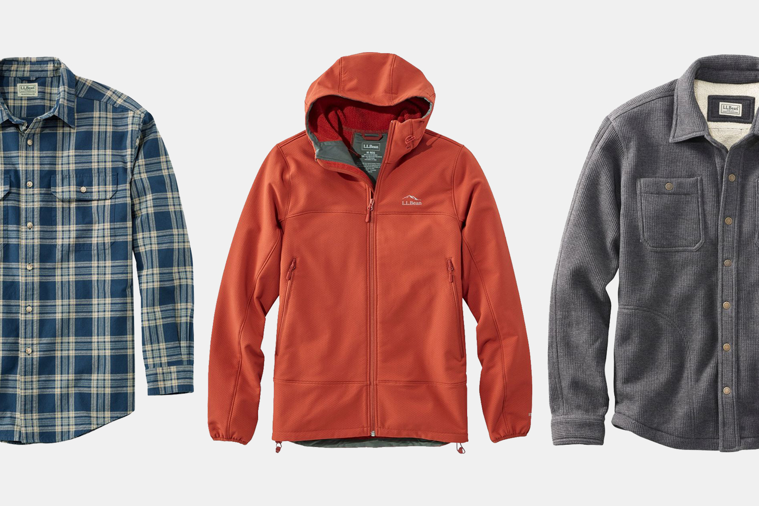L.L.Bean plaid shirt, storm hoodie and waffle fleece shirt jacket for men