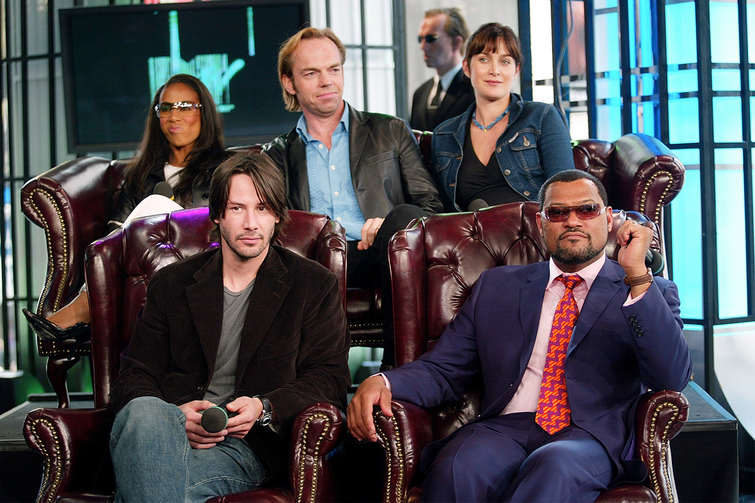 Jada Pinkett Smith, Hugo Weaving, Carrie-Anne Moss, Keanu Reeves and Laurence Fishburne during a visit from the cast of "The Matrix Reloaded" on MTV's Total Request Live