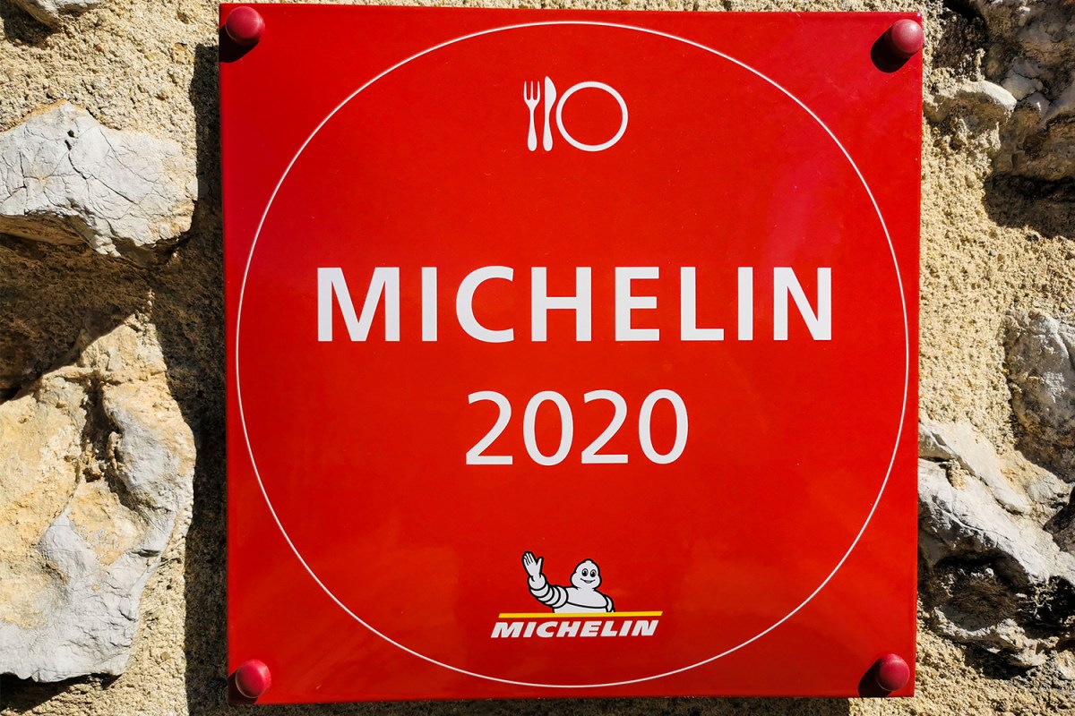 Michelin Guide 2020 sign at Château de Crussol, Chemin de Beauregard, Saint-Péray, France