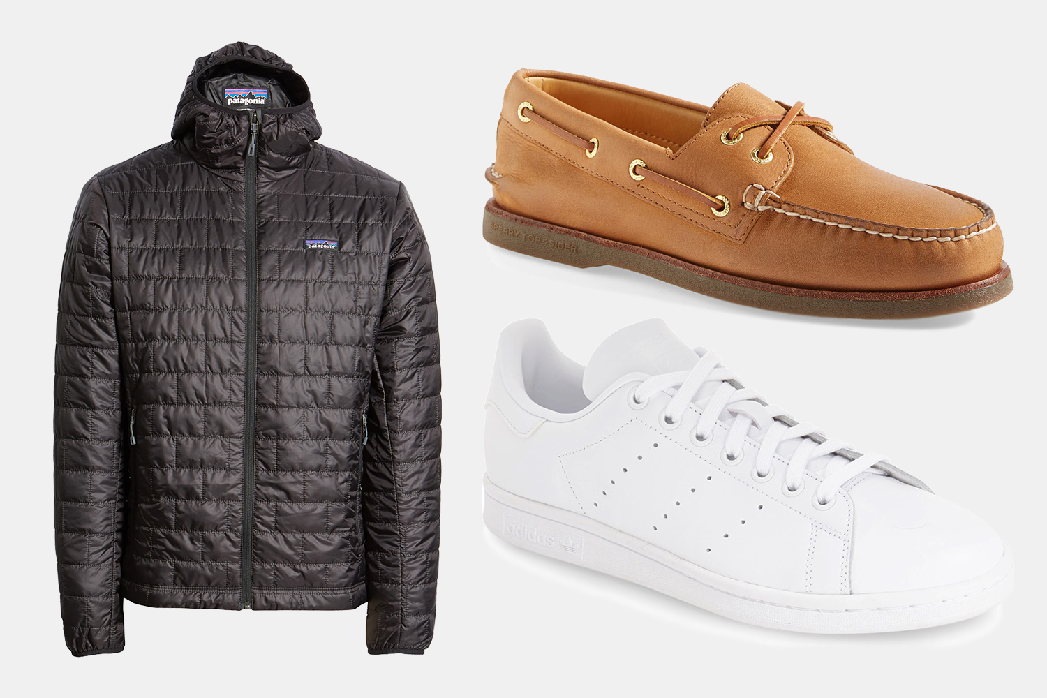 Patagonia Nano Puff Hooded Jacket, Sperry Gold cup Boat Shoes and Adidas Stan Smith sneakers