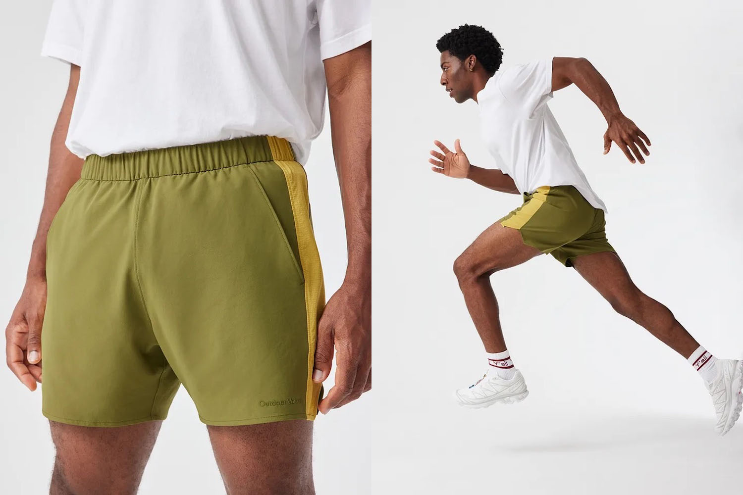 two model shots of the Outdoor Voices High Tide Shorts on a light background