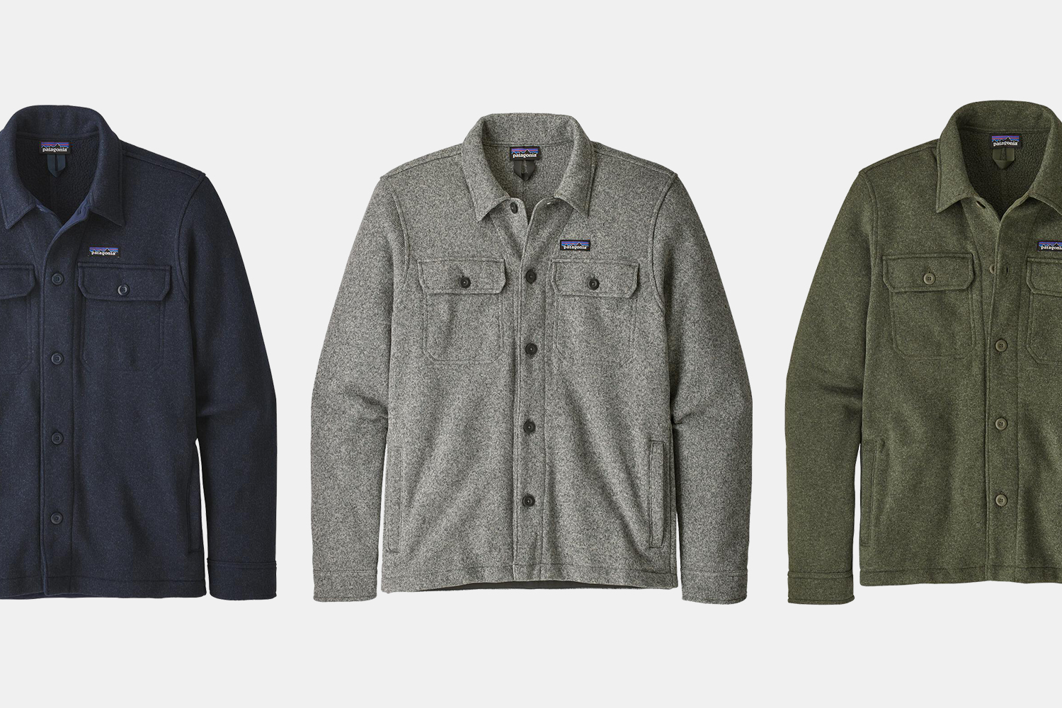 Patagonia men's Better Sweater shirt jacket in blue, grey and green