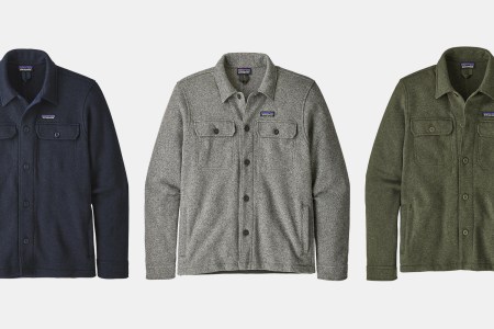 Patagonia men's Better Sweater shirt jacket in blue, grey and green