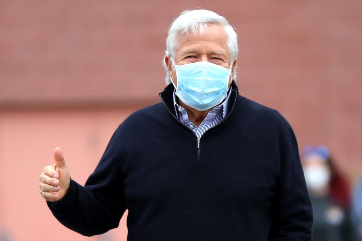 New England Patriots owner Robert Kraft gives a thumbs up, un-related to his court case.
