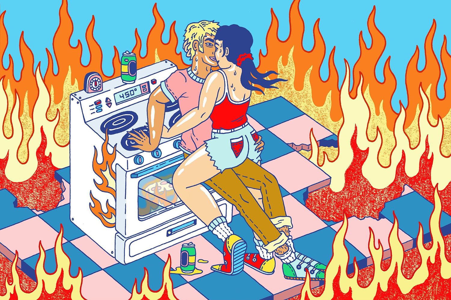 couple making out in a burning kitchen