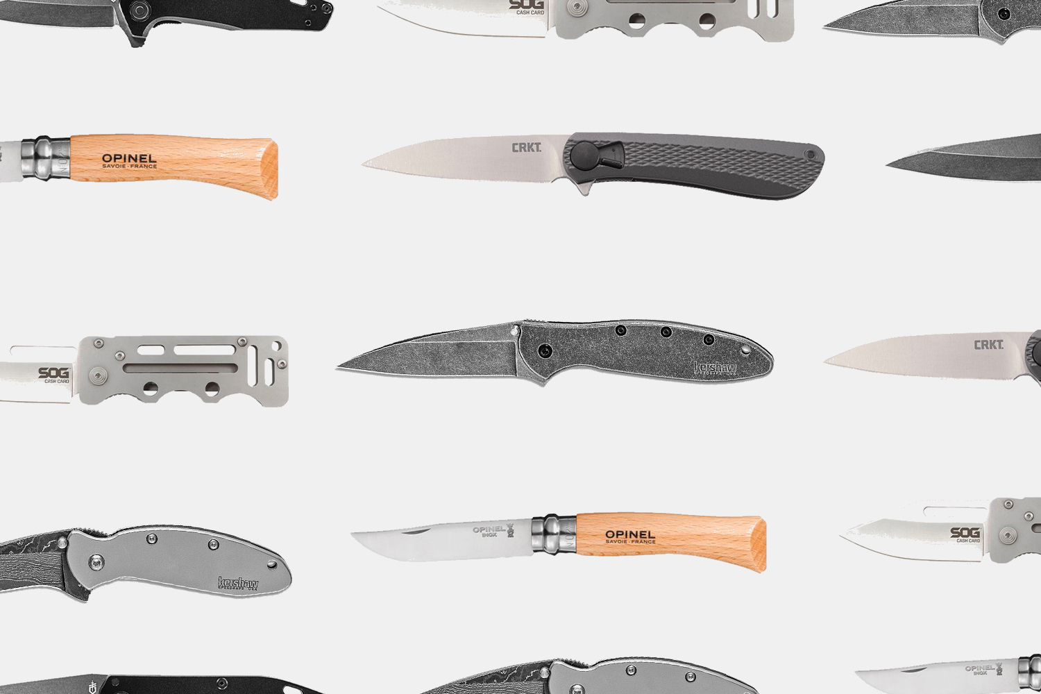 a collage of EDC pocket knives on a brown steel background
