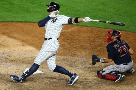 Aaron Judge of the New York Yankees hits a 2-run home run against the Boston Red Sox. (Mike Stobe/Getty)
