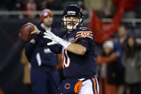 Mitchell Trubisky of the Chicago Bears throws a pass during warmups. (Jonathan Daniel/Getty)