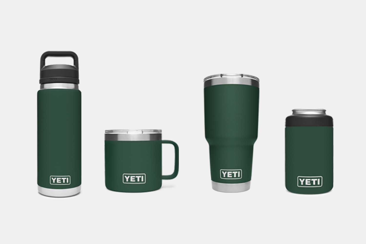 Yeti Northwoods Green collection of Rambler cans and bottles