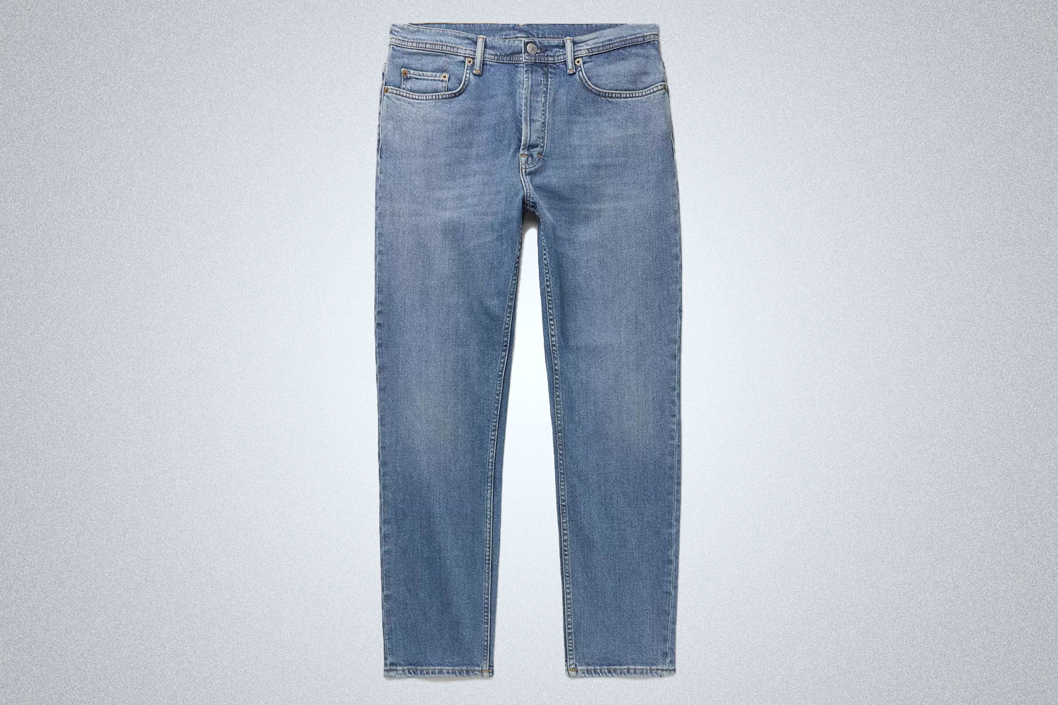 a pair of high-end medium blue jeans