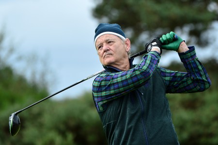 Actor Bill Murray tees off on the 14th hole during Day two of the Alfred Dunhill Links Championship at Carnoustie Golf Links on September 27, 2019 in St Andrews, United Kingdom