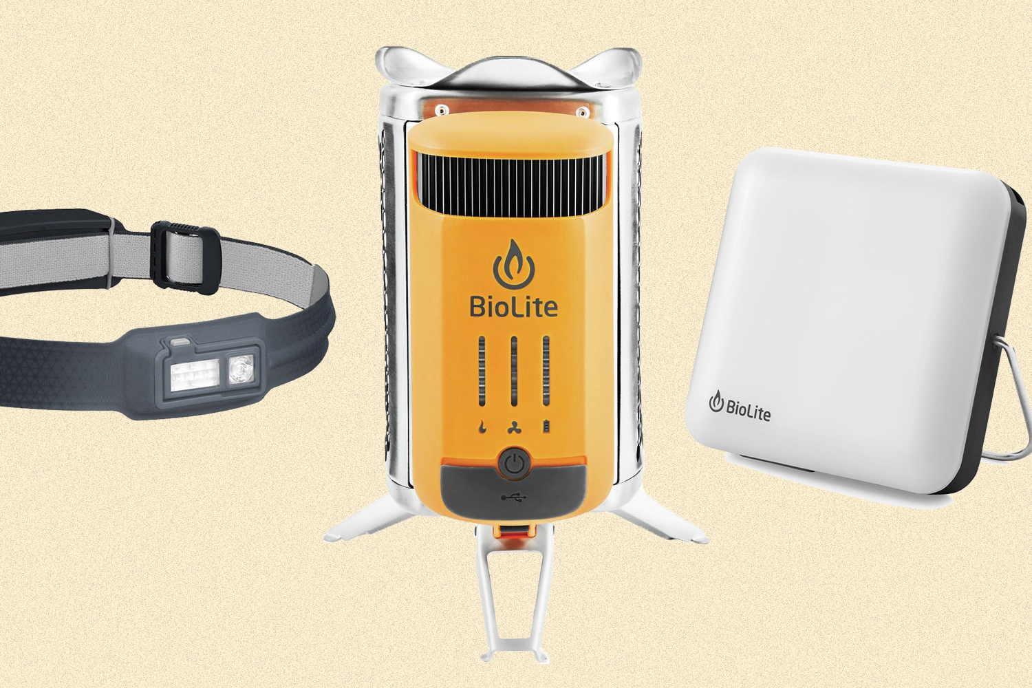 A BioLite HeadLamp 330, CampStove and SunLight