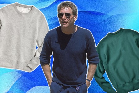 a collage of crewneck sweatshirts and Harrison Ford on a blue background