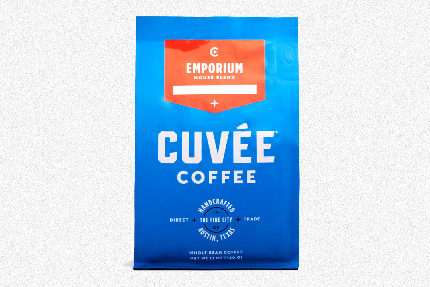 A blue bag of Cuvee coffee beans