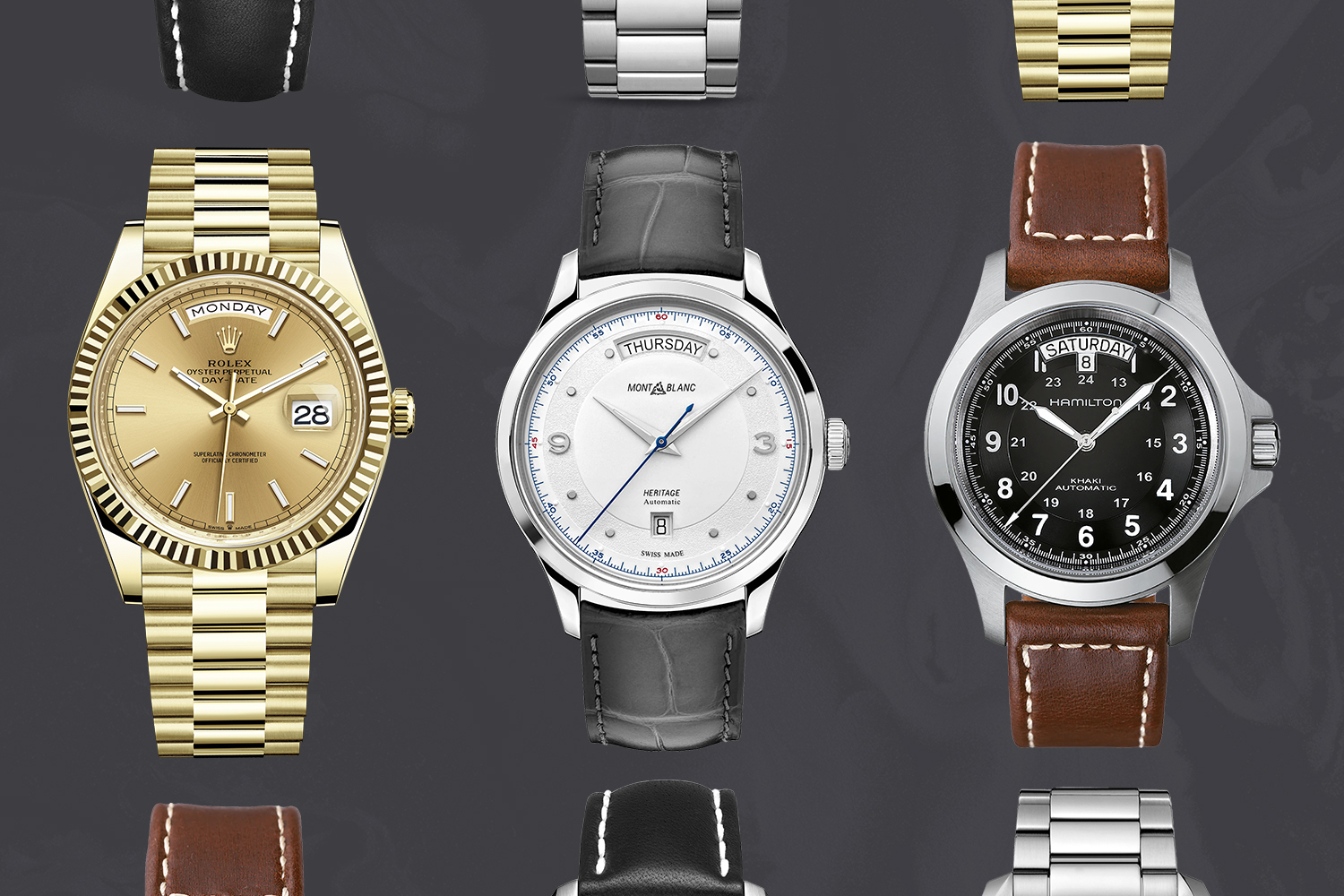 Day window watches from Rolex, Montblanc and Hamilton