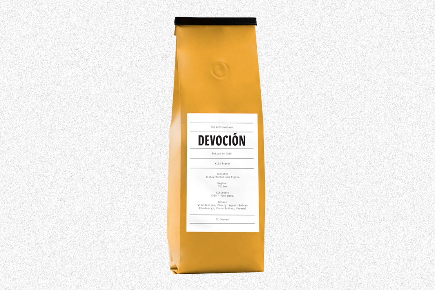 A yellow bag of Devoción coffee beans