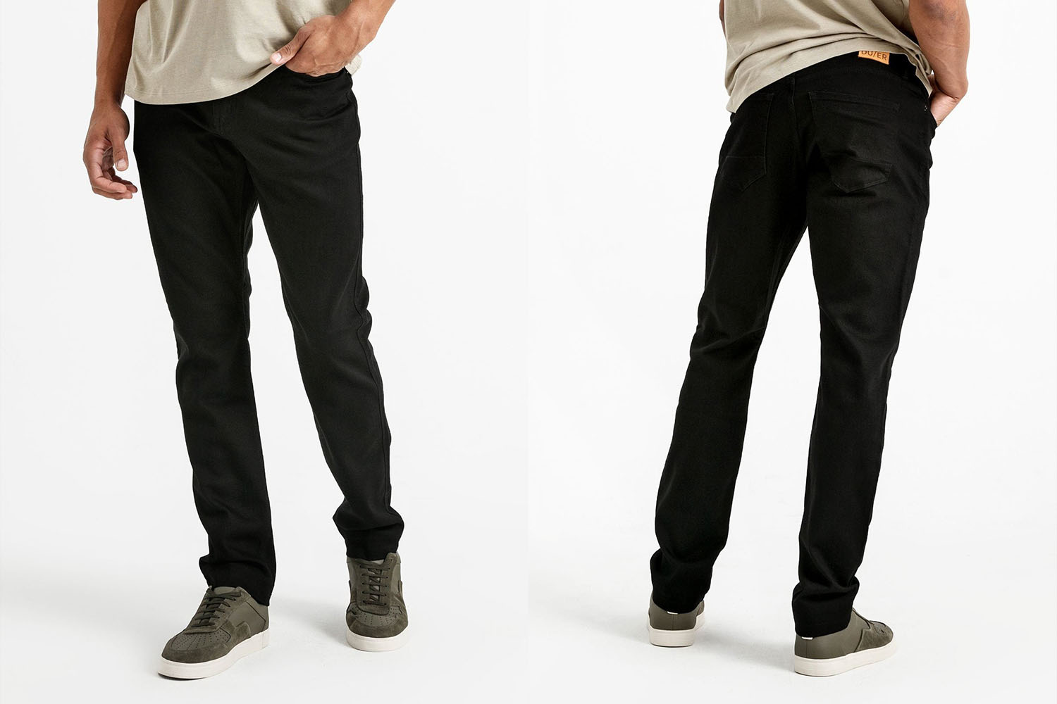 a front/back shot of a pair of black jeans on a model