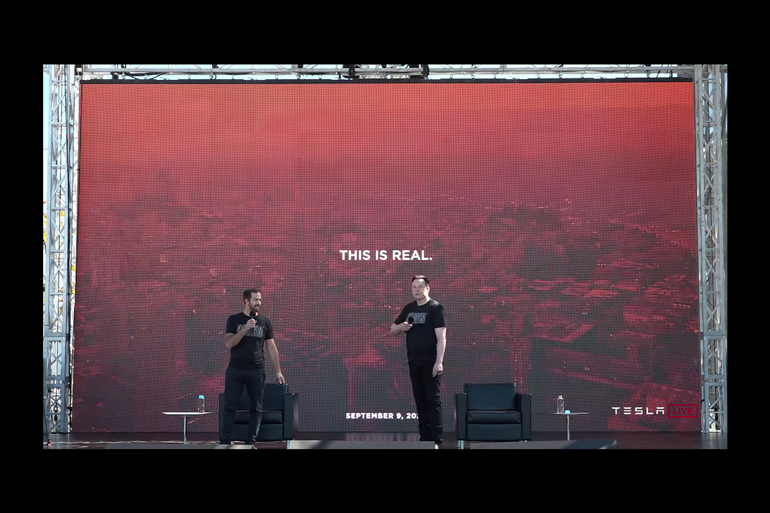 Elon Musk and Drew Baglino onstage during Tesla Battery Day in Fremont, California