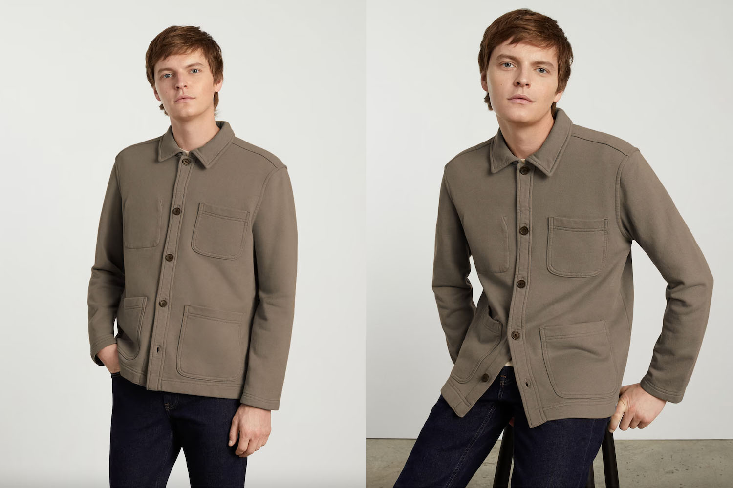 two model shots of a model wearing a brown Everlane Chore Coat