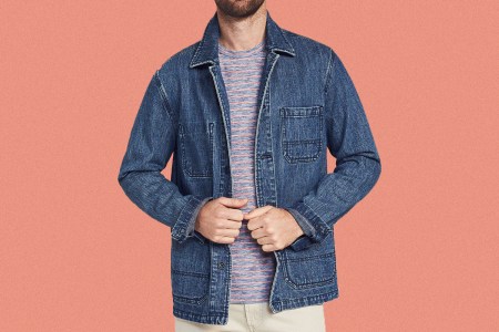 a man wearing the Faherty Bayshore Indigo Chore Jacket