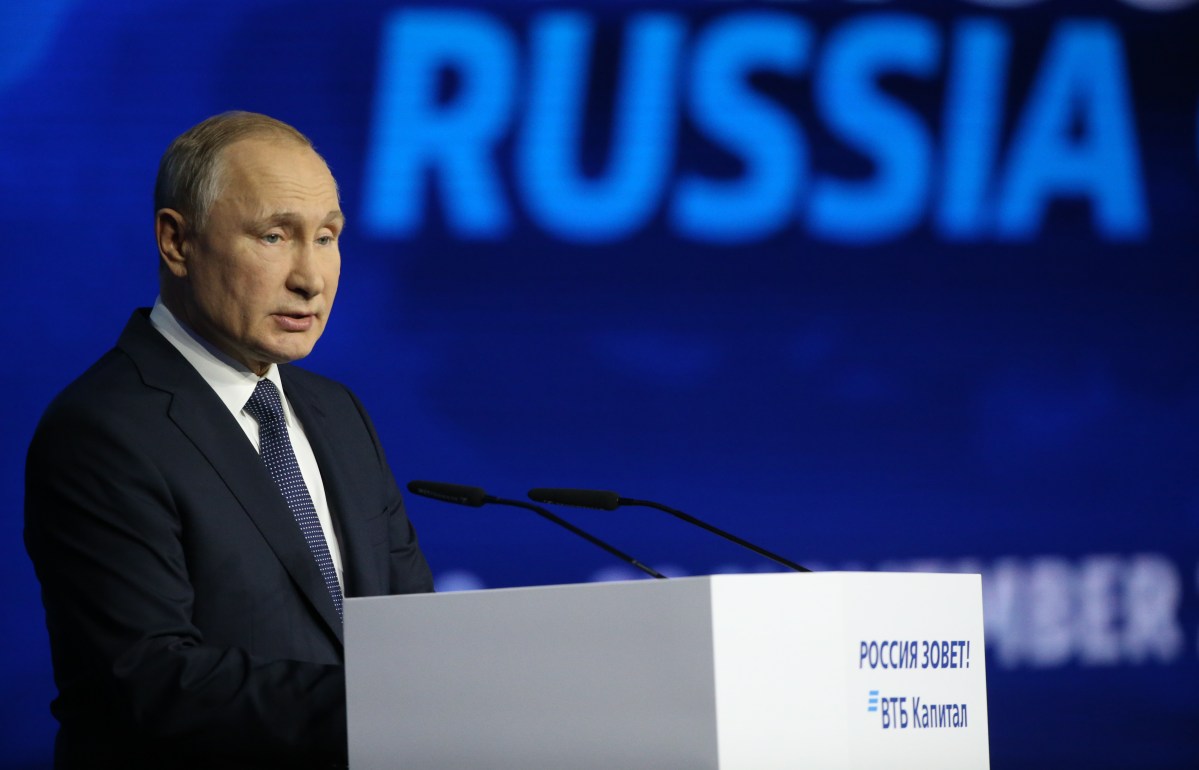 Russian President Vladimir Putin talks during the Russia Calling! VTB Capital Investment Forum on November 20, 2019 in Moscow, Russia. Russia has always had 'great respect for the U.S. and hopes it will not be accused of meddling in the 2020 U.S. elections', Putin said during the forum. (Photo by Mikhail Svetlov/Getty Images)