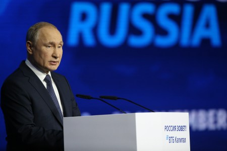 Russian President Vladimir Putin talks during the Russia Calling! VTB Capital Investment Forum on November 20, 2019 in Moscow, Russia. Russia has always had 'great respect for the U.S. and hopes it will not be accused of meddling in the 2020 U.S. elections', Putin said during the forum. (Photo by Mikhail Svetlov/Getty Images)