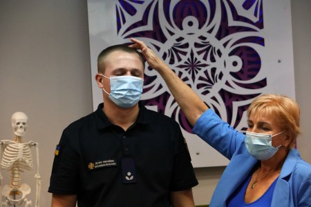 A teacher holds a class for rescuers who provide psychological support for JFO/ATO participants as part of their professional development training at the National University of Civil Defence, Kharkiv, northeastern Ukraine. - PHOTOGRAPH BY Ukrinform / Barcroft Studios / Future Publishing (Photo credit should read Vyacheslav Madiyevskyy/ Ukrinform/Barcroft Media via Getty Images)