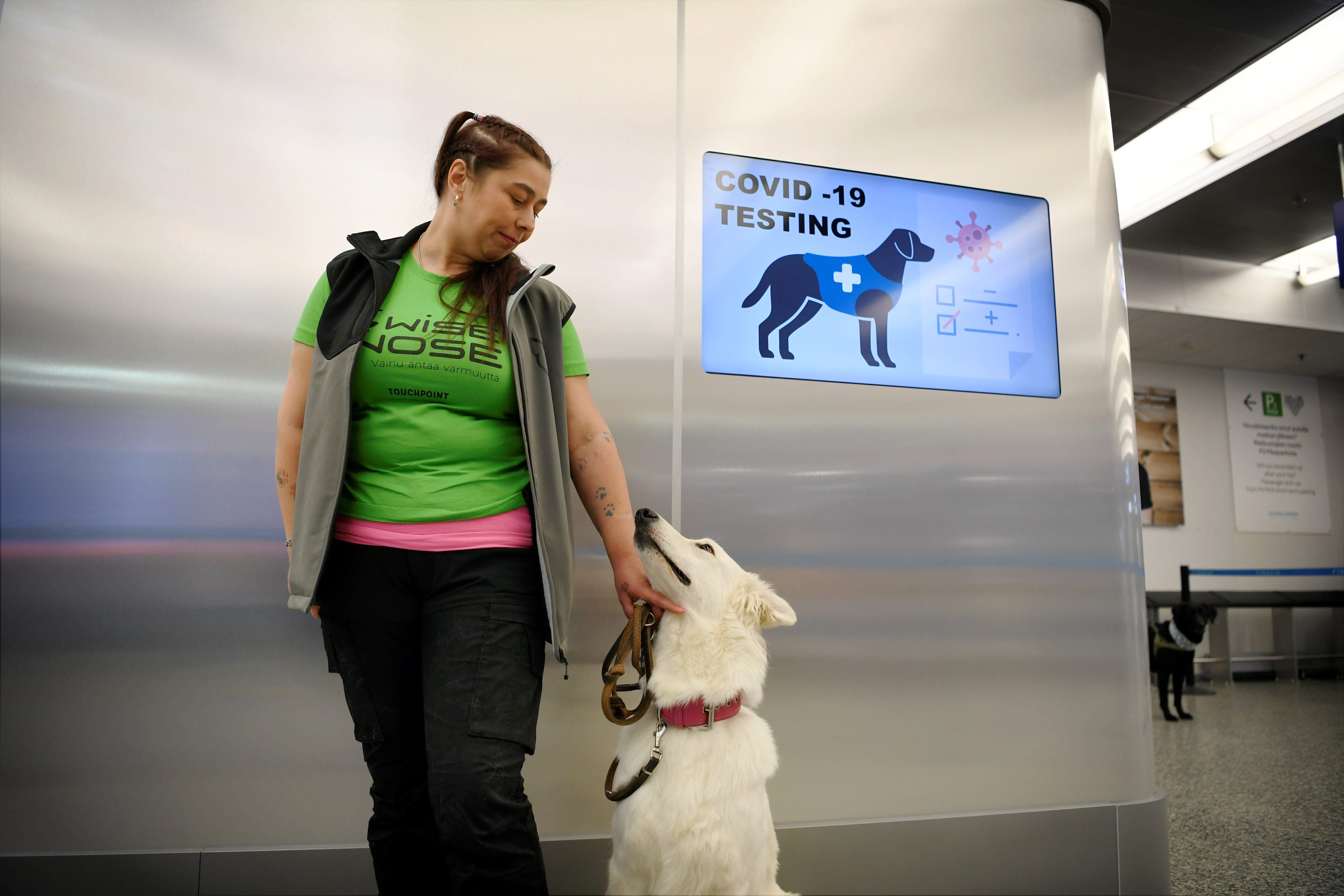 The coronavirus sniffer dog named E.T. receives a cuddle from the trainer Anette Kare at the Helsinki airport in Vantaa, Finland, where he is trained to detect the COVID-19 from the arriving passengers, on September 22, 2020