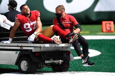 Nick Bosa was carted off the field after suffering an injury against the Jets