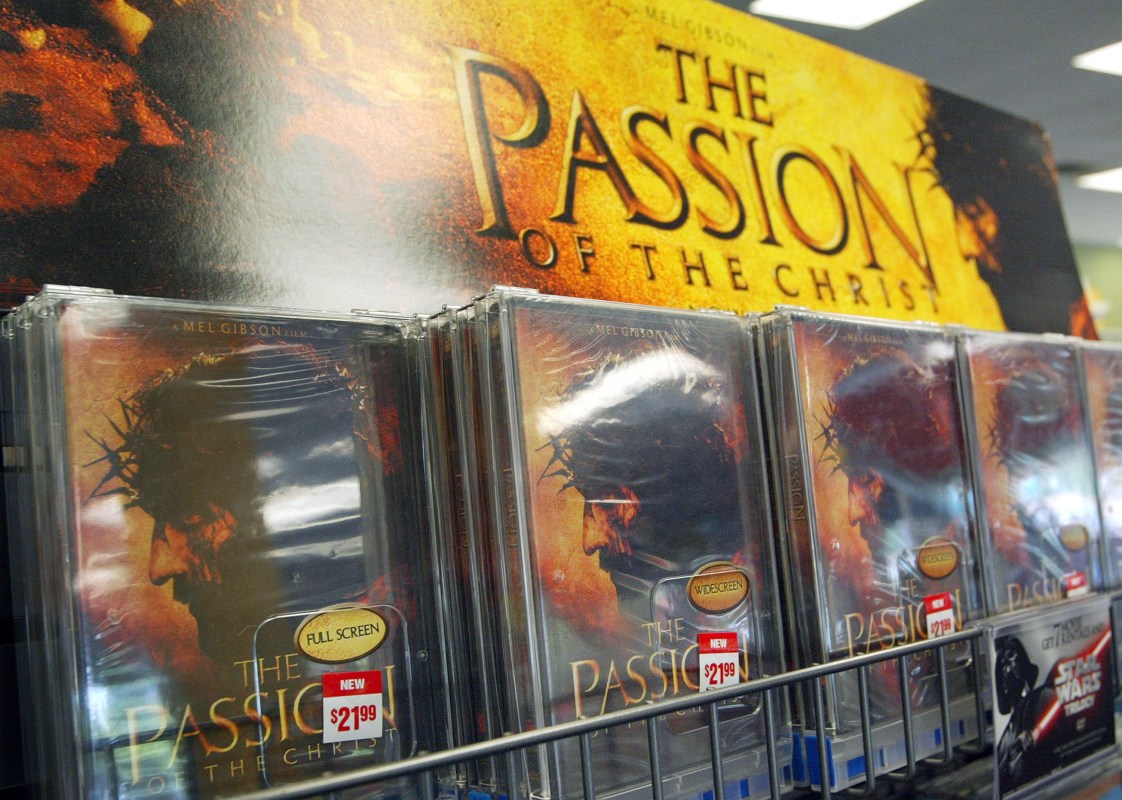 DVDs of Mel Gibson's movie "The Passion of the Christ" are seen in a movie rental store September 1, 2004 in Park Ridge, Illinois. (Photo by Tim Boyle/Getty Images)