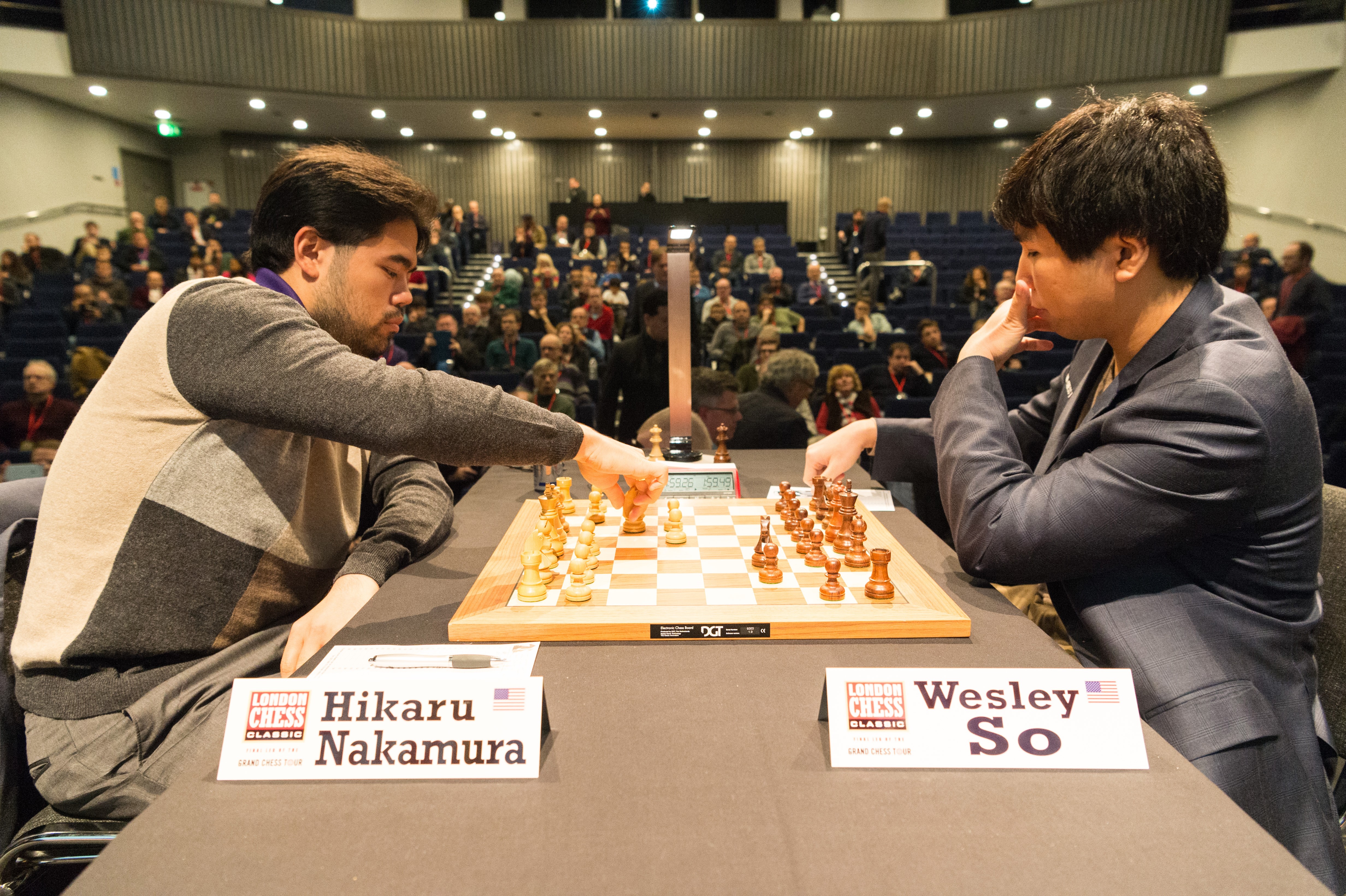 Hikaru Nakamura (L) and Wesley So (R) compete in the London Chess Classic i...