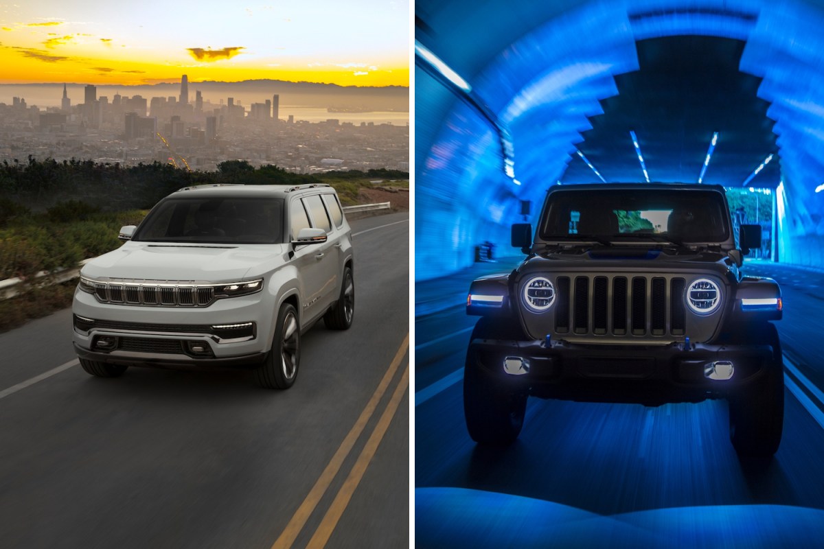 Jeep Grand Wagoneer Concept SUV and Wrangler 4xe Plug-In Hybrid driving down the road