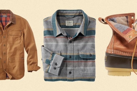 L.L.Bean men's shirt jacket, flannel shirt and flannel-lined Bean boots