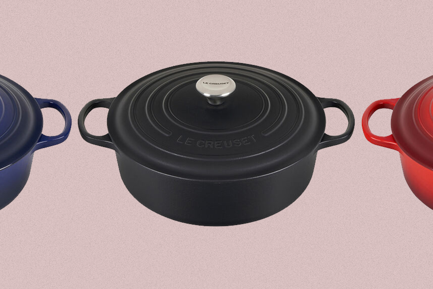 Le Creuset Round Wide Dutch Ovens in blue, black and red