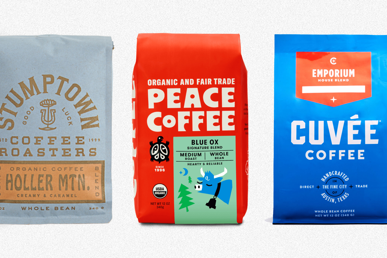 Bags of coffee beans from Stumptown, Peace and Cuvee