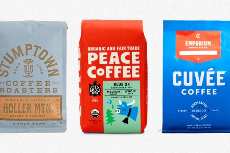 Bags of coffee beans from Stumptown, Peace and Cuvee