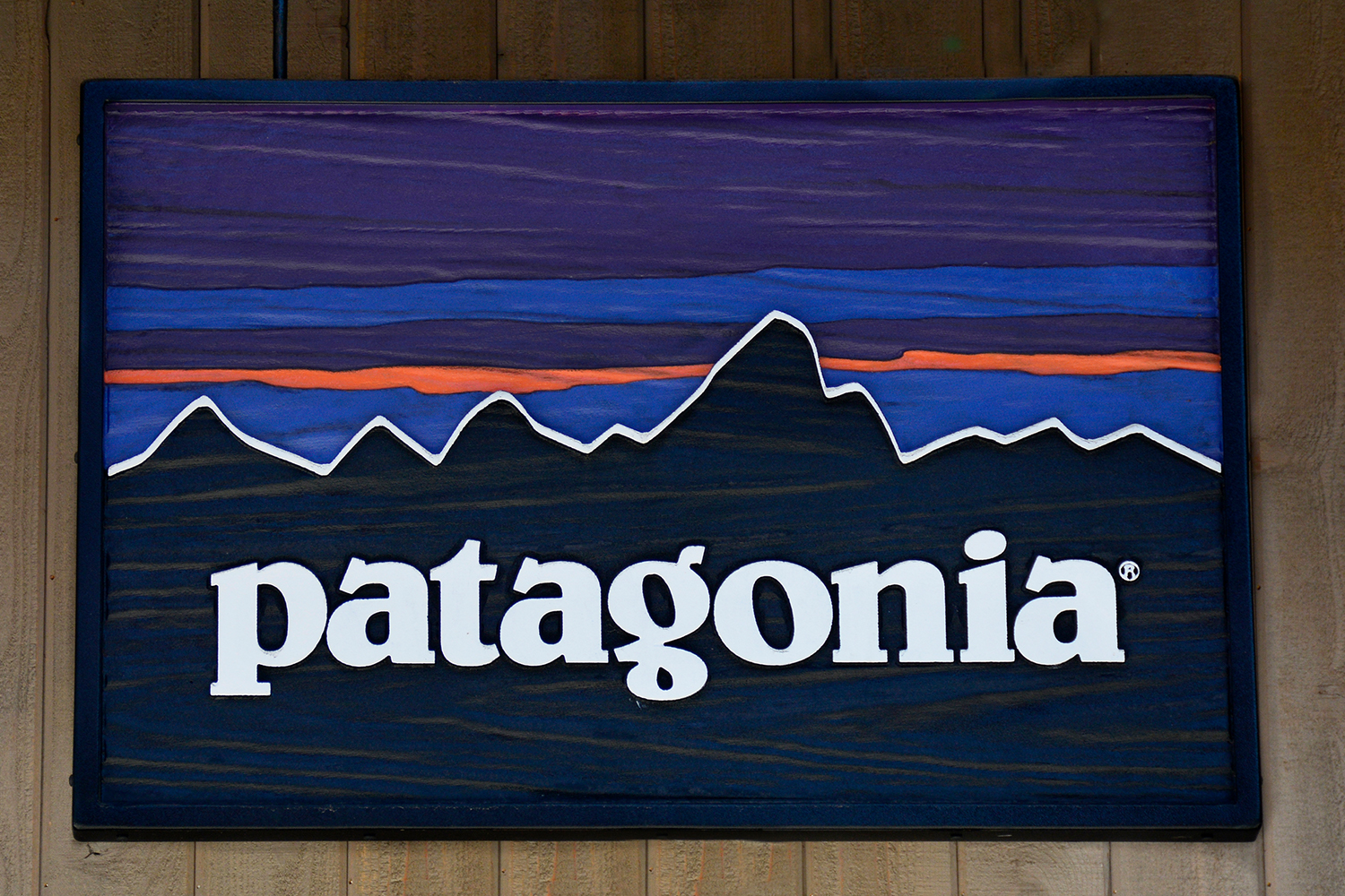 A sign hangs over the entrance to the Patagonia outdoor clothing shop in Vail, Colorado