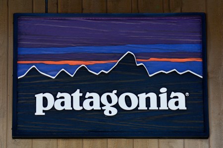 A sign hangs over the entrance to the Patagonia outdoor clothing shop in Vail, Colorado