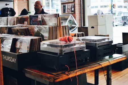 record players at a record store in Seattle