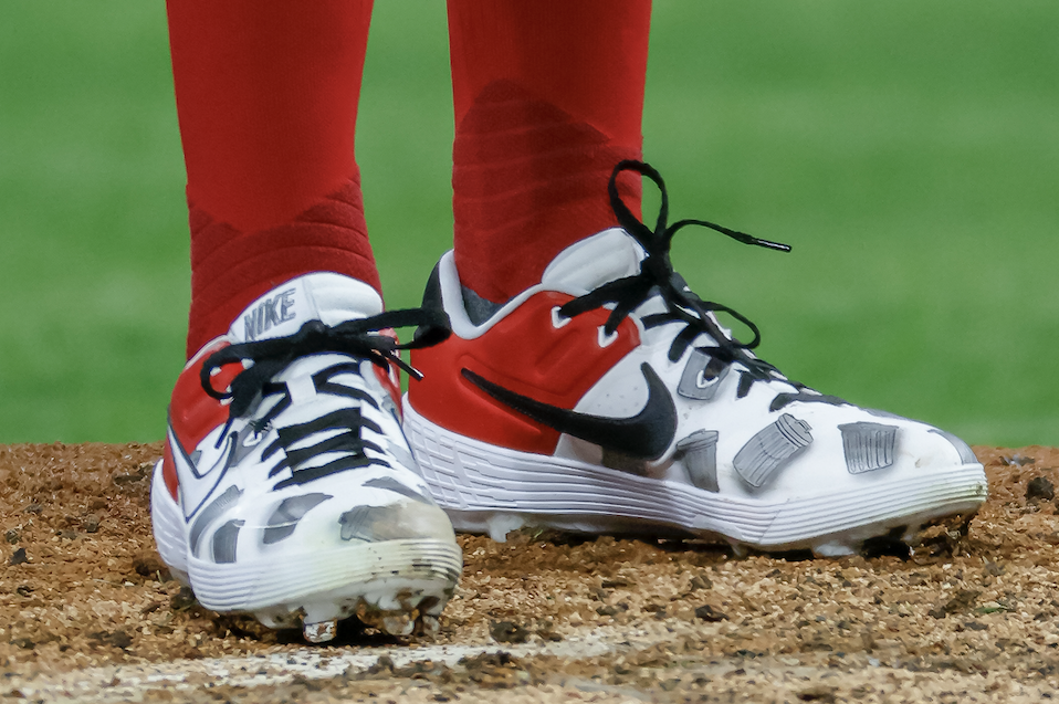 A detailed view of the cleats of Trevor Bauer of the Cincinnati Reds. 
