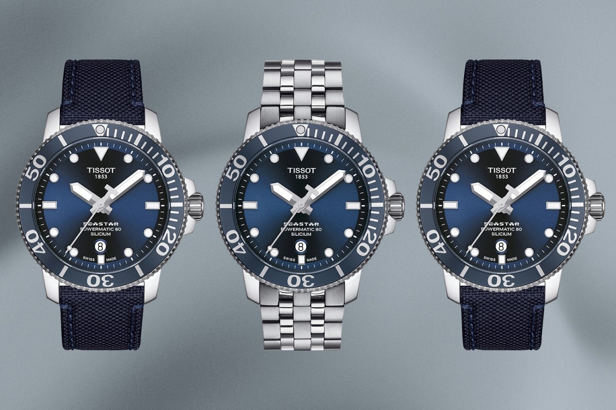 The Tissot Seastar 1000 Powermatic 80 entry level dive watch with a fabric strap and stainless steel bracelet