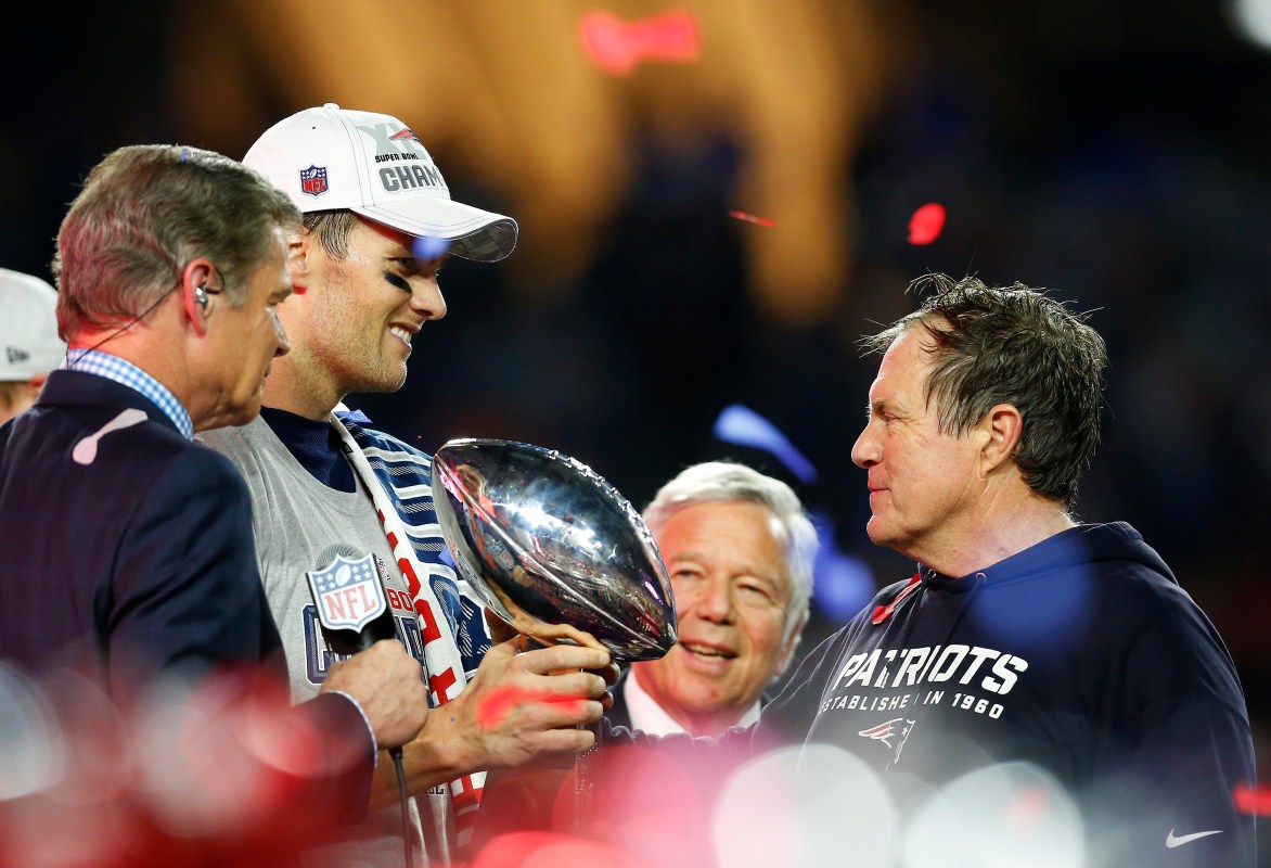 Tom Brady, Patriots owner Robert Kraft and head coach Bill Belichick celebrate with the Vince Lombardi Trophy in 2015