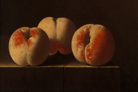 Three Peaches on a Stone Plinth by Adriaen Coorte, 1705
