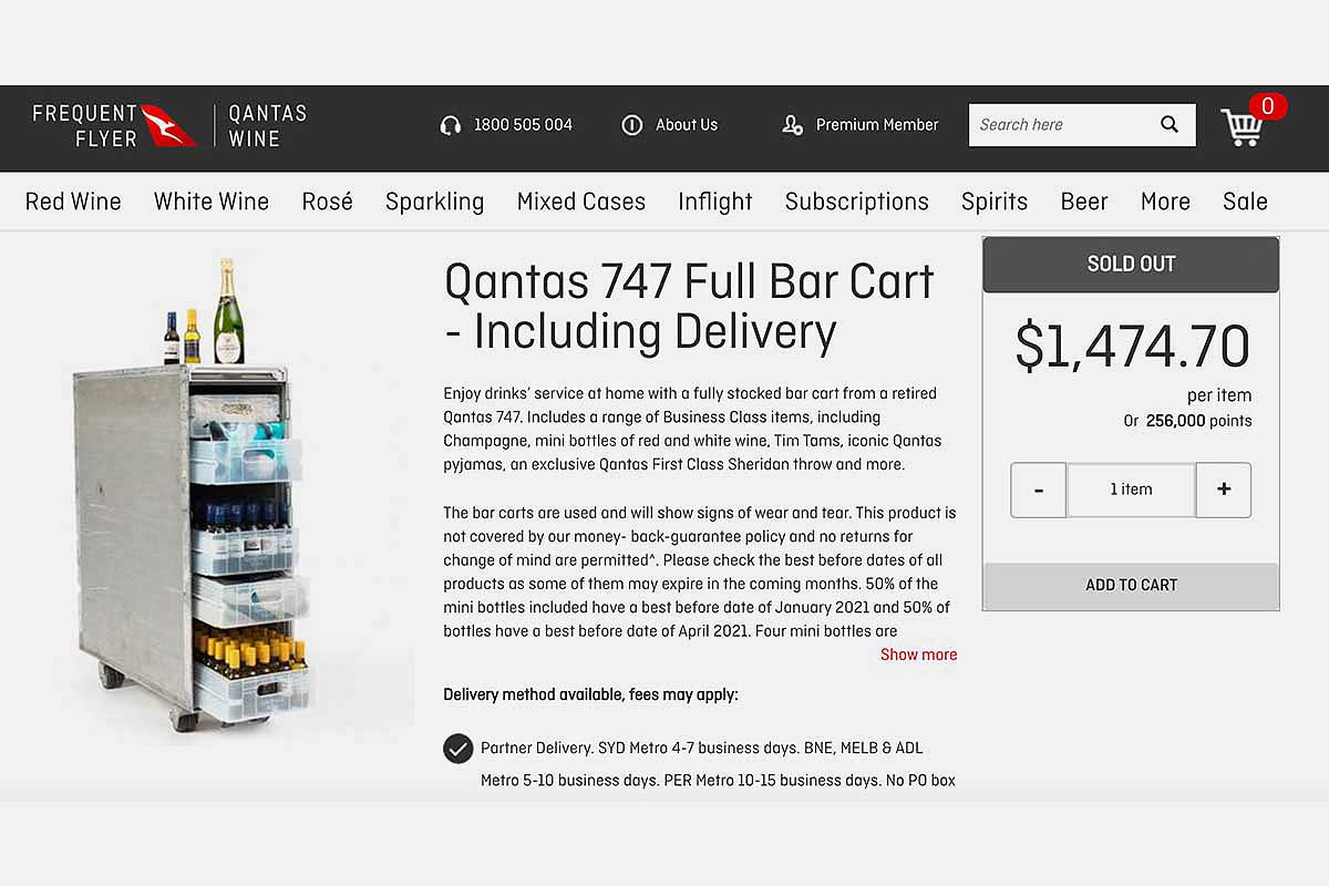 online listing for a Qantas 747 full bar cart