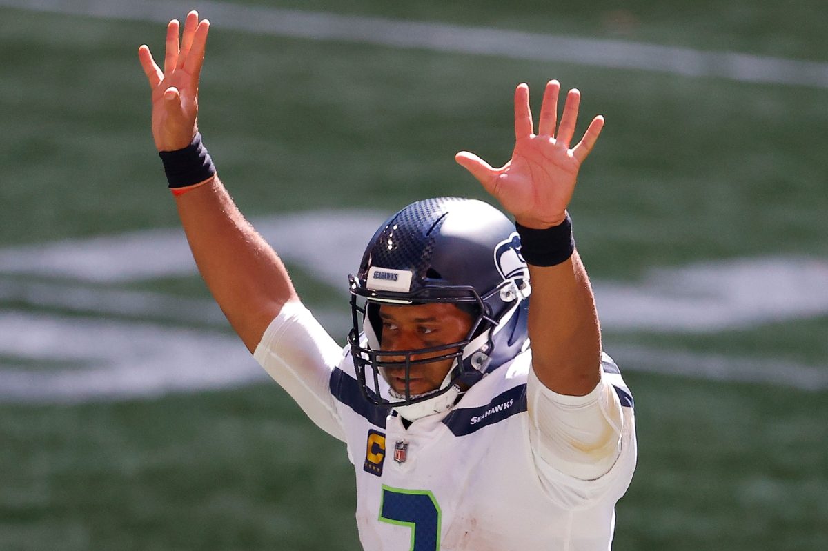 Russell Wilson of the Seattle Seahawks reacts after a rushing touchdown. 