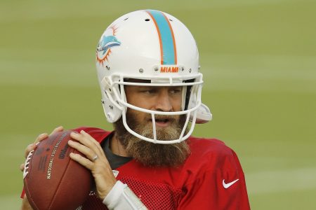 Ryan Fitzpatrick of the Miami Dolphins throws a pass during practice.