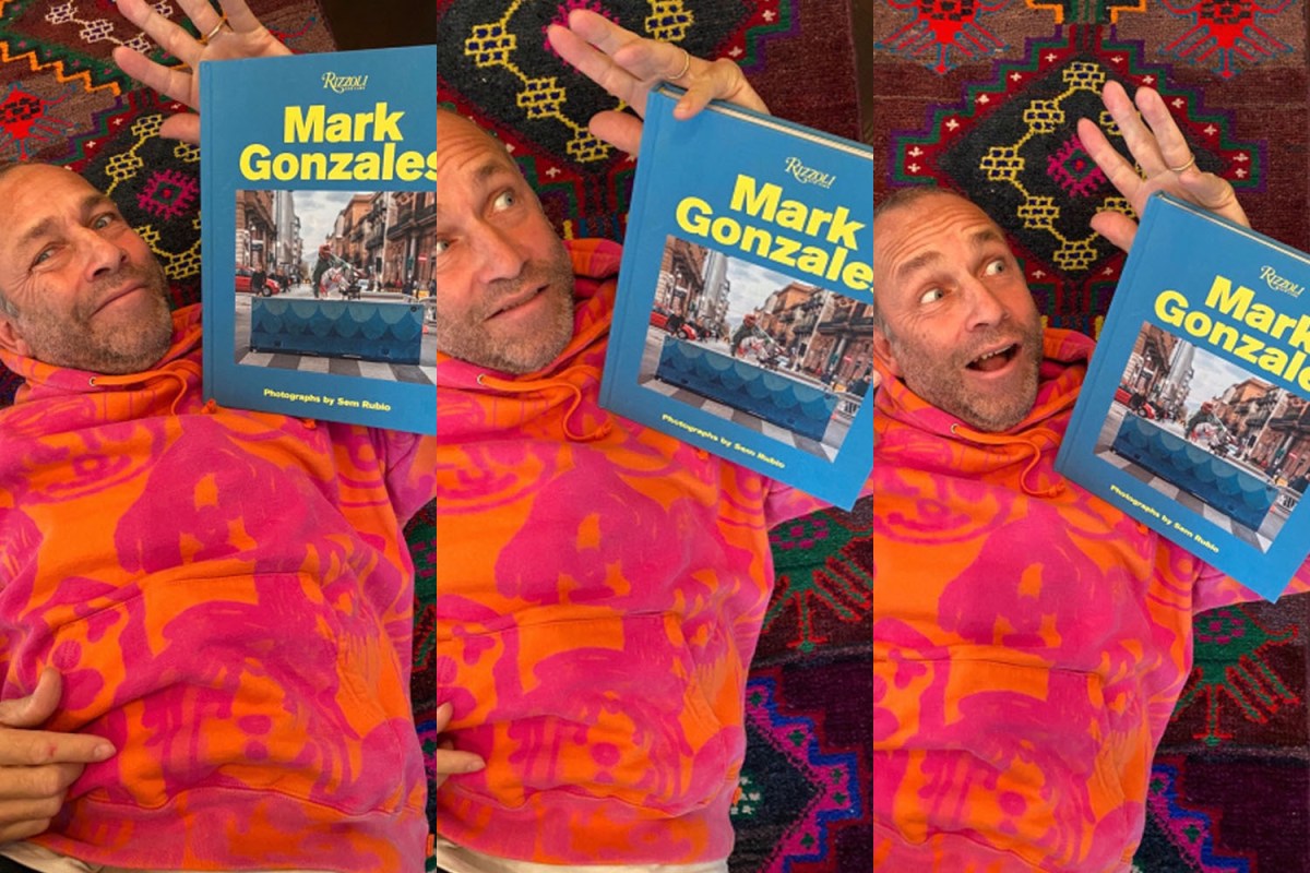Skateboarder Mark Gonzales with his new book